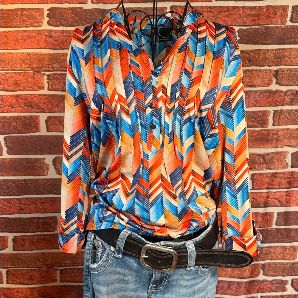 👚 Vintage New Directions Chevron Blouse Multicolor Button Front NWOT L / I